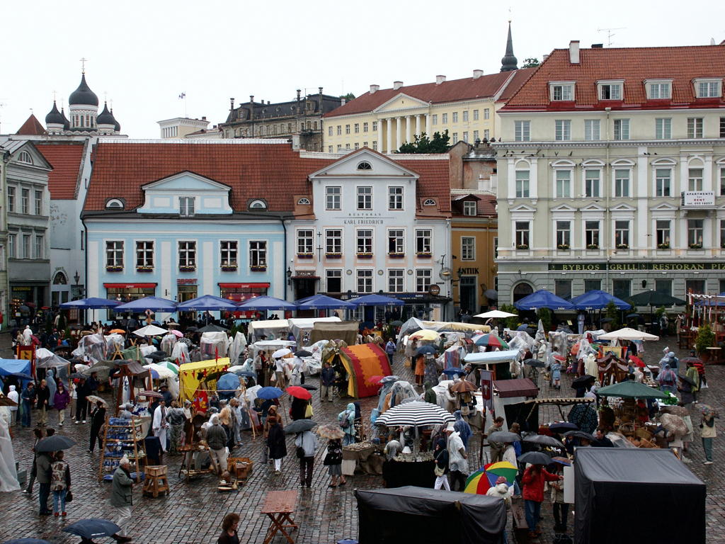 Busy Tallinn market in a square of the old town