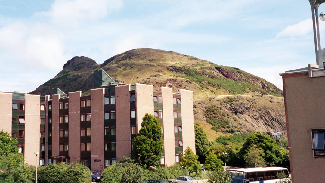 Arthur's Seat behind Pollock Halls