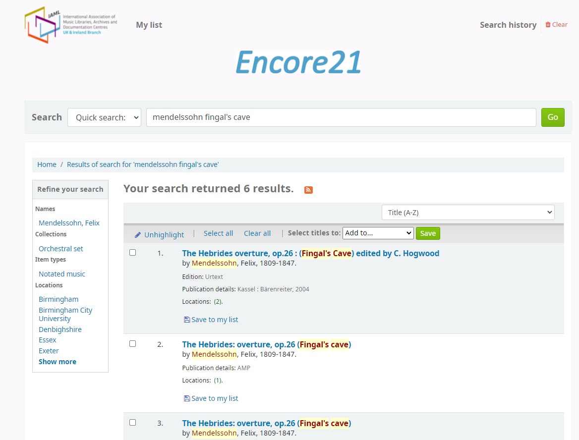 Screenshot of Encore 21 as used by IAML UK &amp; Ireland