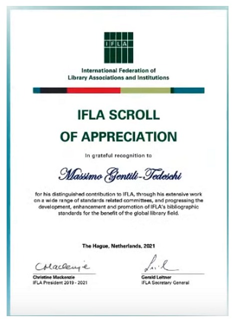 IFLA Scroll of Appreciation for Massimo Gentili-Tedeschi
