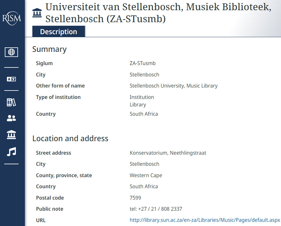 Record for the Universiteit van Stellenbosch, Musiek Biblioteek, Stellenbosch (