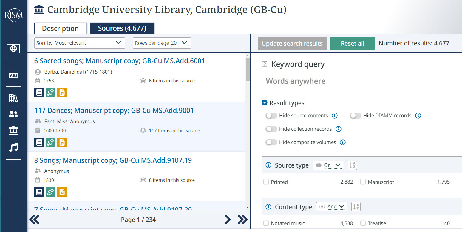 Sources in RISM from Cambridge University Library